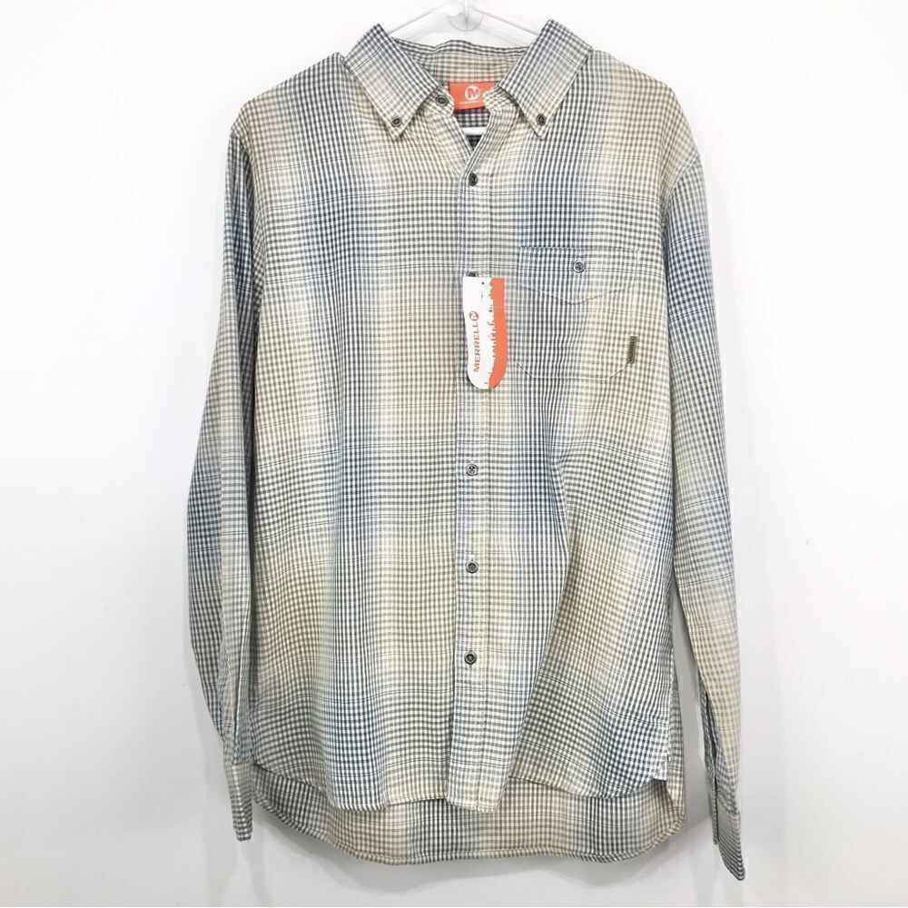 Merrell Tan Green Blue Micro Plaid Farvel Flannel Button Down Shirt